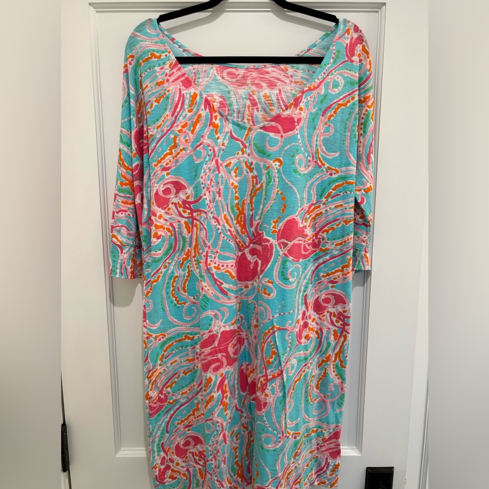 Lilly Pulitzer Scoop V-Neck Long Sleeve 100% Cotton Dress Large Light Blue Pink